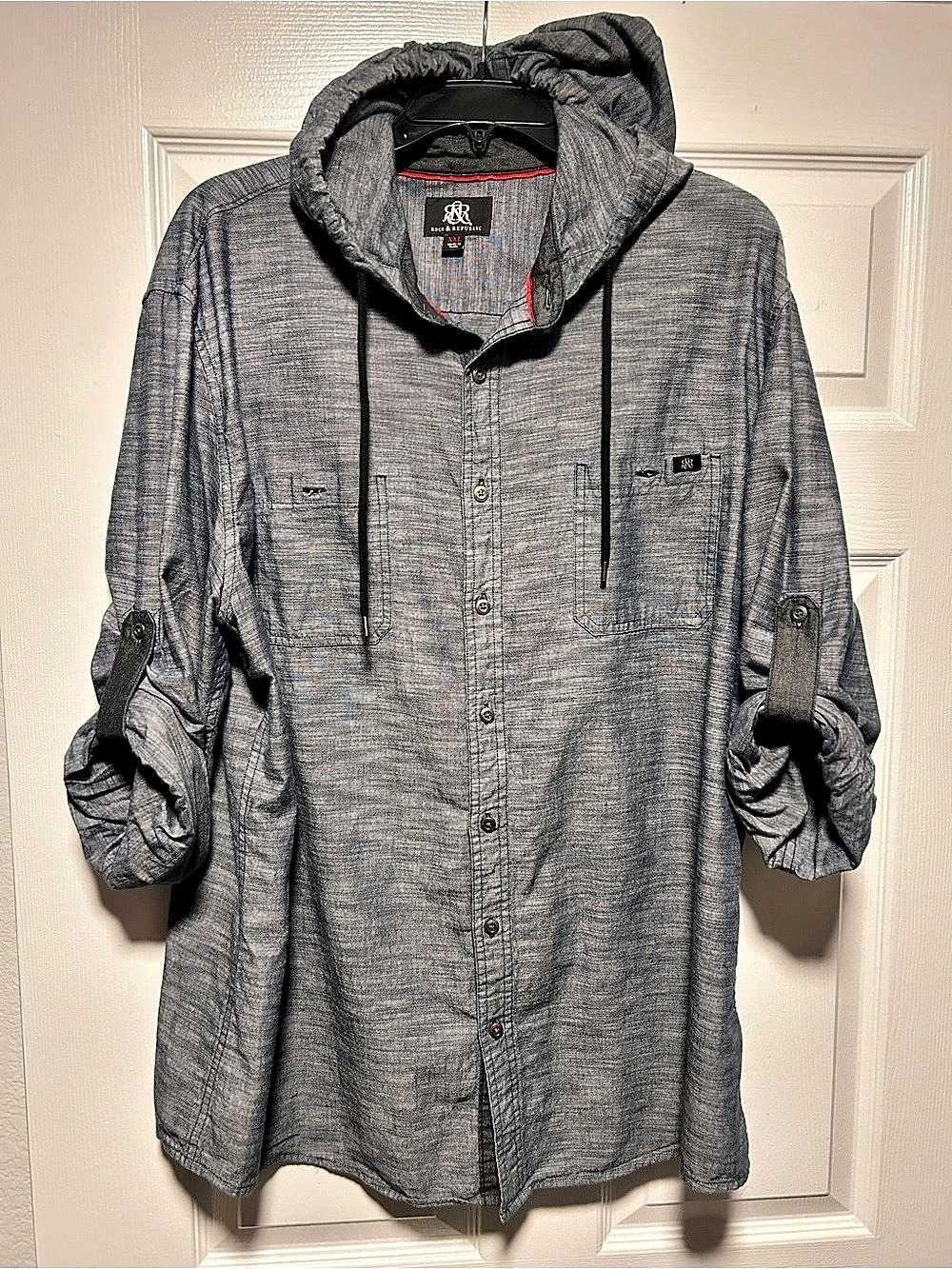 Rock & Republic Hooded Button-Up Shirt in Gray XXL Like New